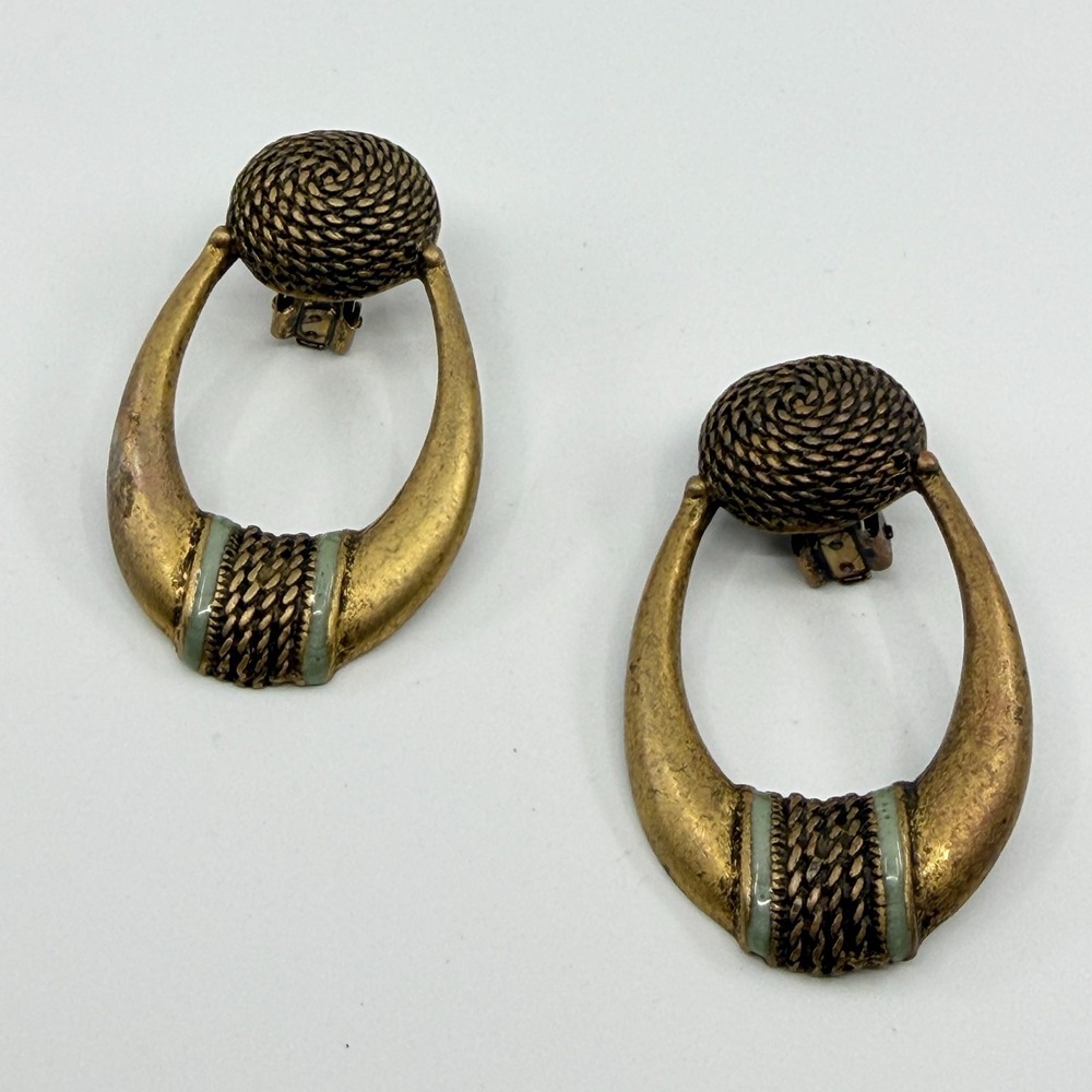 Vintage Brushed Gold Tone Rope Textured Hoop Clip-On Earrings Statement Gift